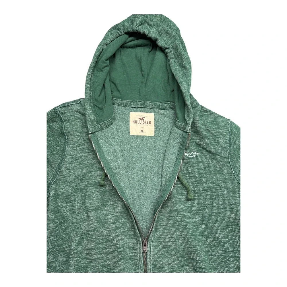 Y2K Hollister Mens Full Zip Hoodie Green Heather Marl Fleece Sweatshirt XL Logo